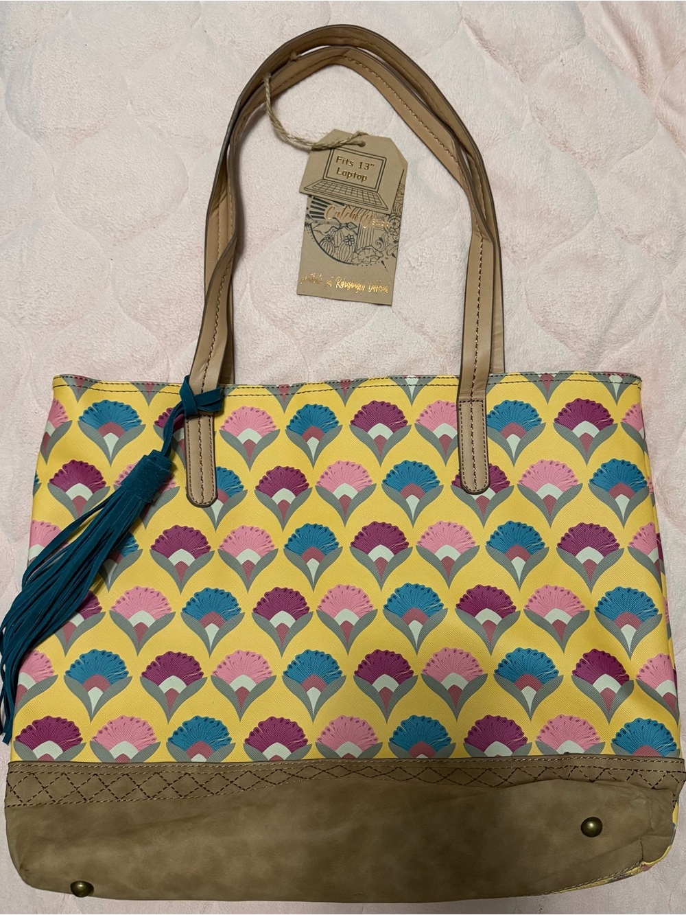 Catchfly Yellow Patterned Tote with Teal Tassel and Tan Trim - Women